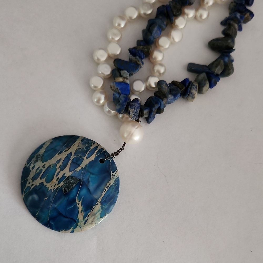 Artisan Blue Gemstone and White Bead Pendant Necklace